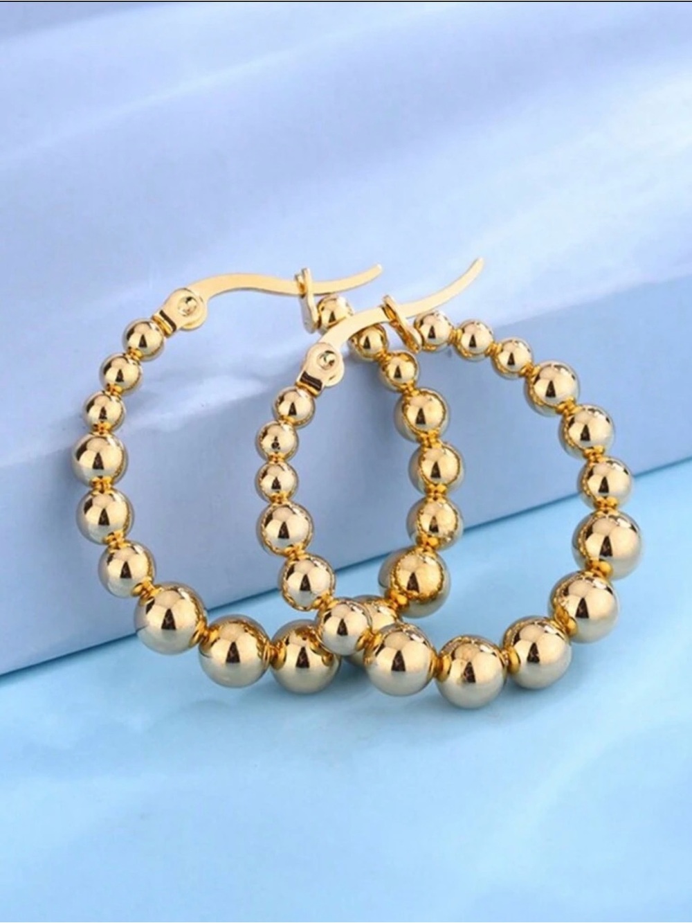 NWT 18k Stainless Steel Ball Gold Bead Hoop Earrings